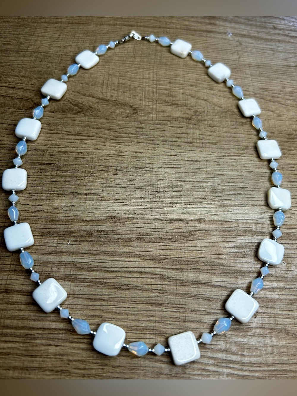 Opalite & White Glass Beaded Necklace Handmade - Picture 2 of 5